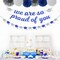Navy-Blue White-Silver Party-Decoration Graduation Banner - 8pcs Kits Cap Garland Streamers, Paper Tissue Pom Poms Flowers,We are So Proud of You Congratulations Grad 2026 Decor Lasting Surprise